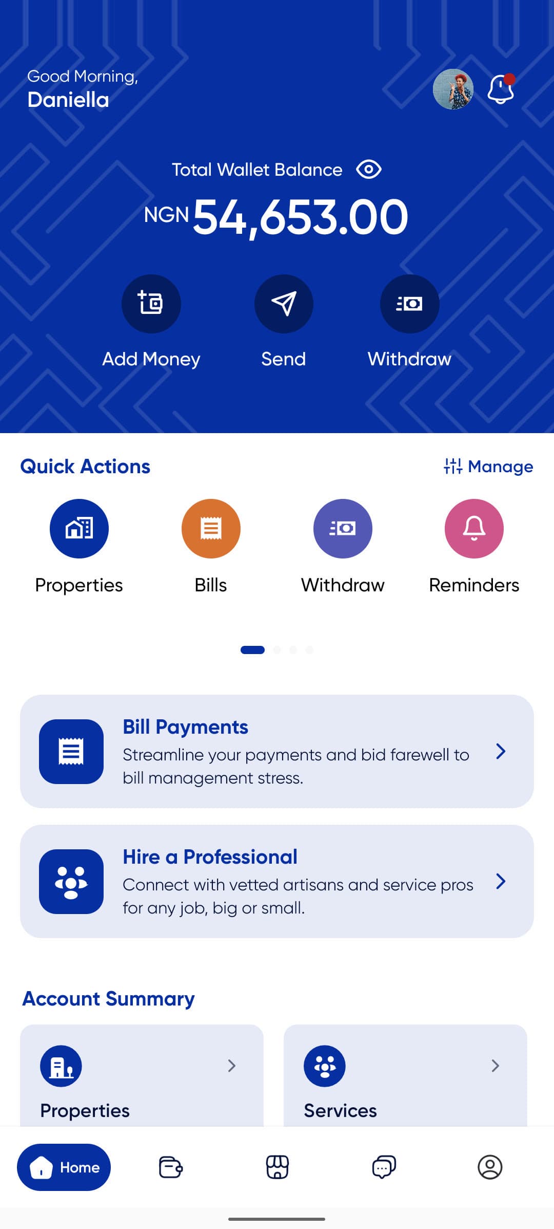 Rentwize Android app — wallet and services home
